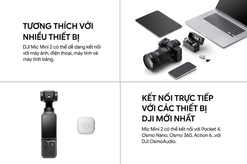 Microphone DJI Mic Mini 2 tương thích cực tốt với cả máy ảnh DSLR lẫn điện thoại.